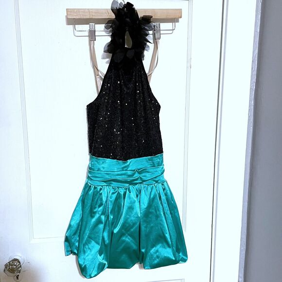 Weissman Medium Adult Dance Costume Pageant Dress Black Teal Sequins Halter - Picture 1 of 4